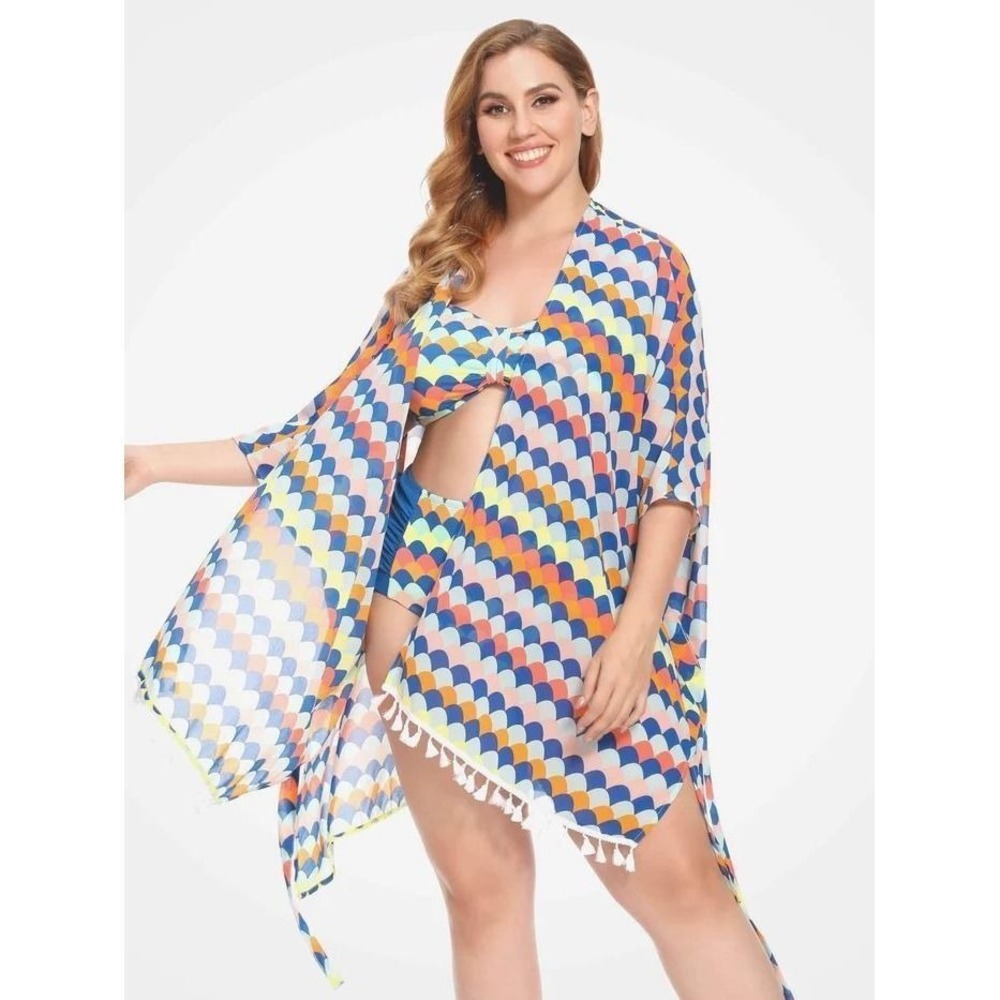 As‎ Rose Rich Kimono Swim Cover Up Geometric Tassel Fringe Wrap 3X NEW